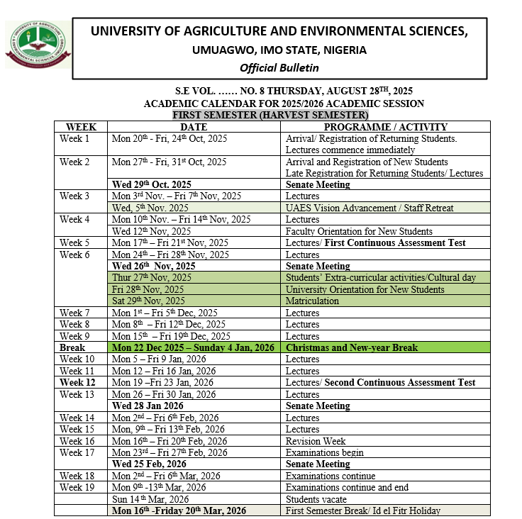 ACADEMIC CALENDAR FOR 2025/2026 ACADEMIC SESSION