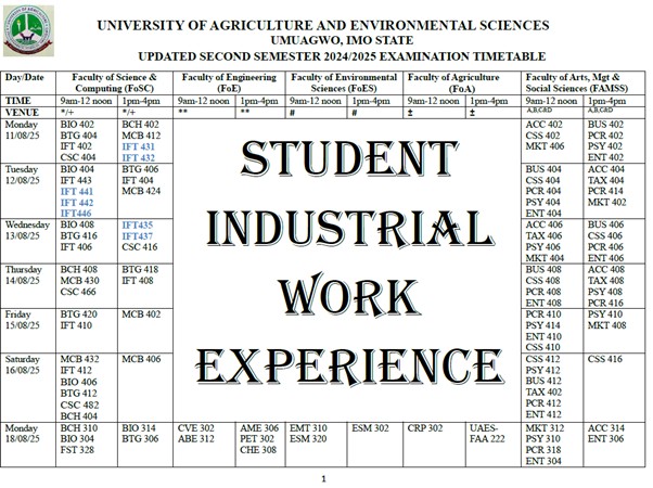 UAES SECOND SEMESTER 2024-2025 EXAM TIMETABLE