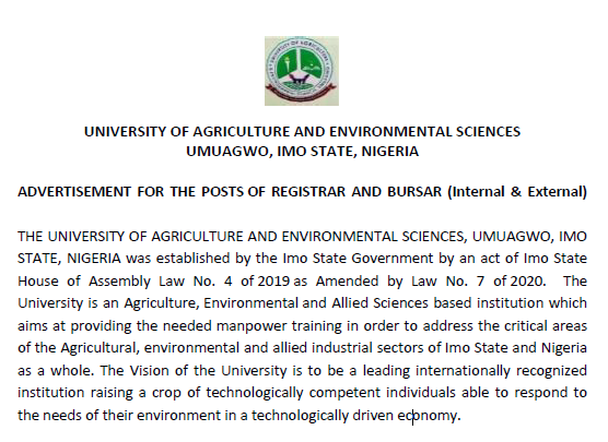 UMUAGWO, IMO STATE, NIGERIA ADVERTISEMENT FOR THE POSTS OF REGISTRAR AND BURSAR (Internal & External) 