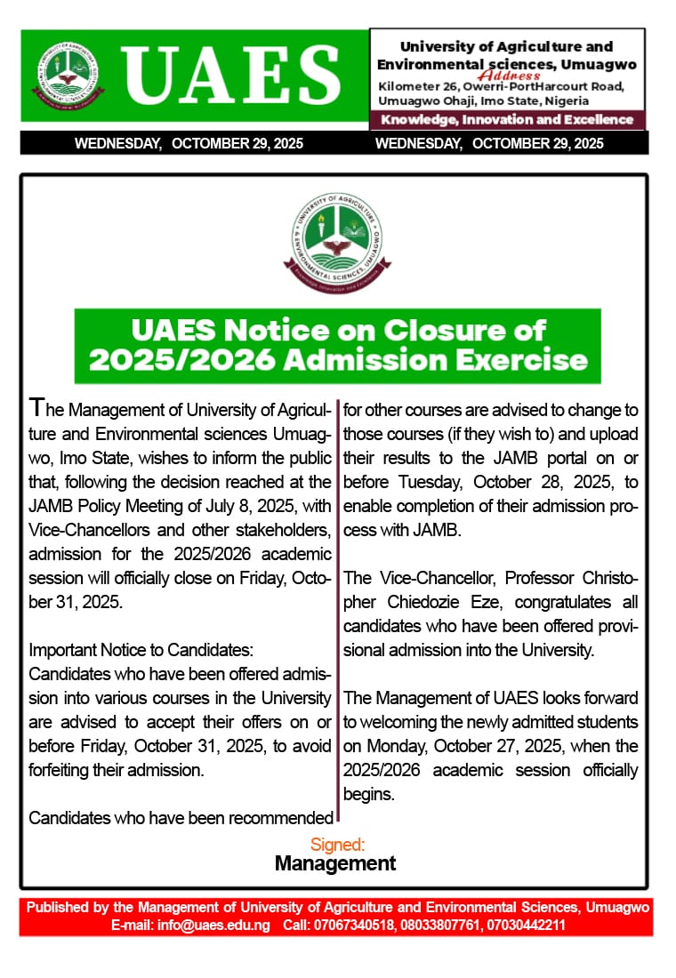 NOTICE O CLOSURE OF 2025/2026 ADMISSION EXERCISE